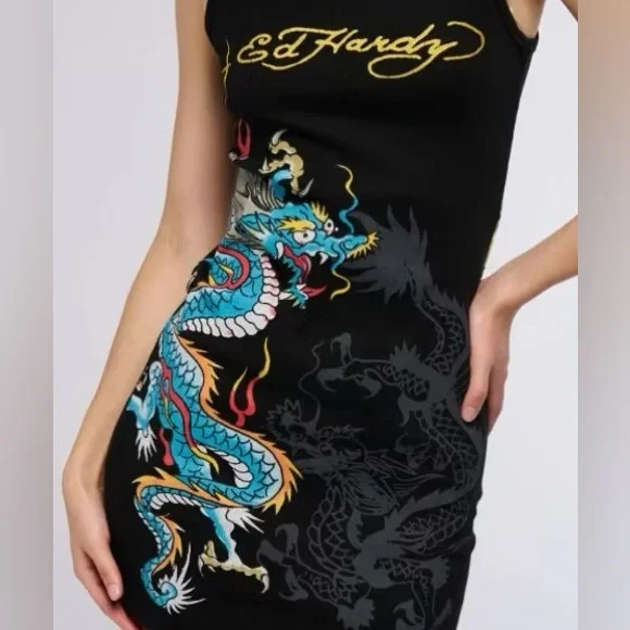 Ed Hardy Black Mini Dress with Blue Dragon Design - Picture 7 of 8